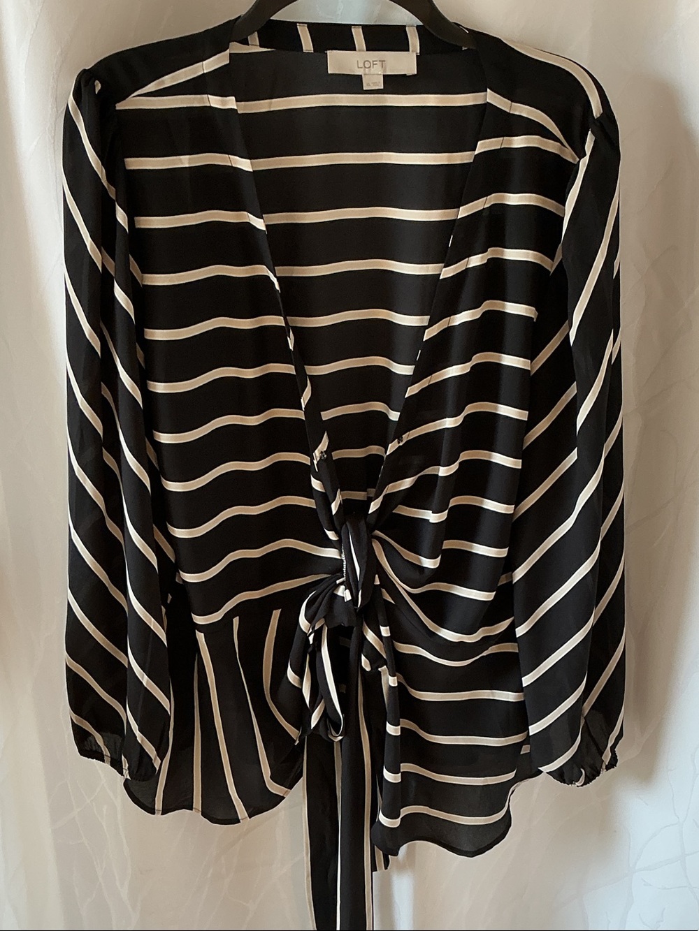LOFT Black and White Striped Tie-Front Blouse